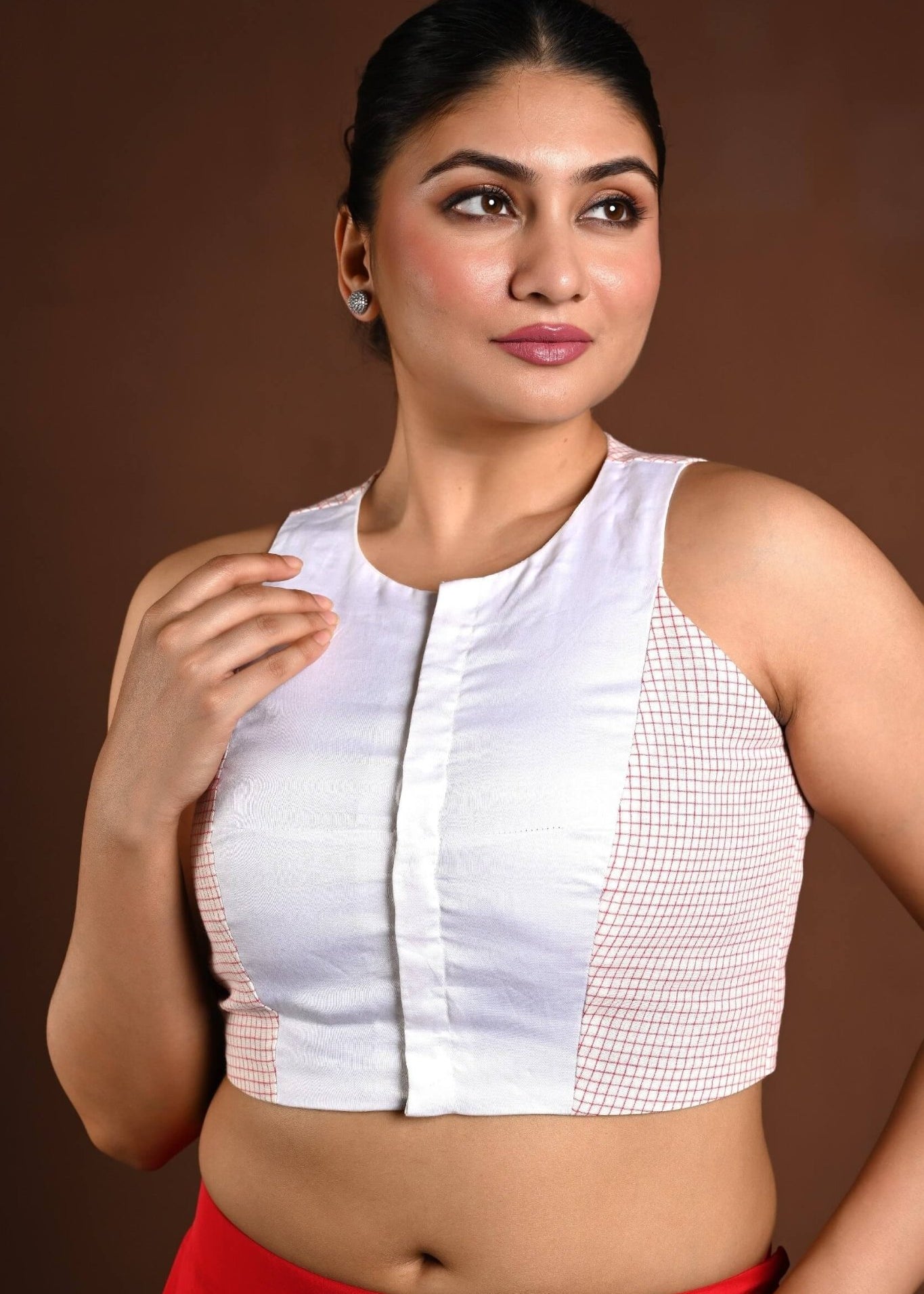 Red and White Cotton Sleeveless Blouse with Closed Neckline - Anvi Couture