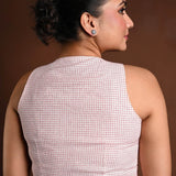 Red and White Cotton Sleeveless Blouse with Closed Neckline - Anvi Couture