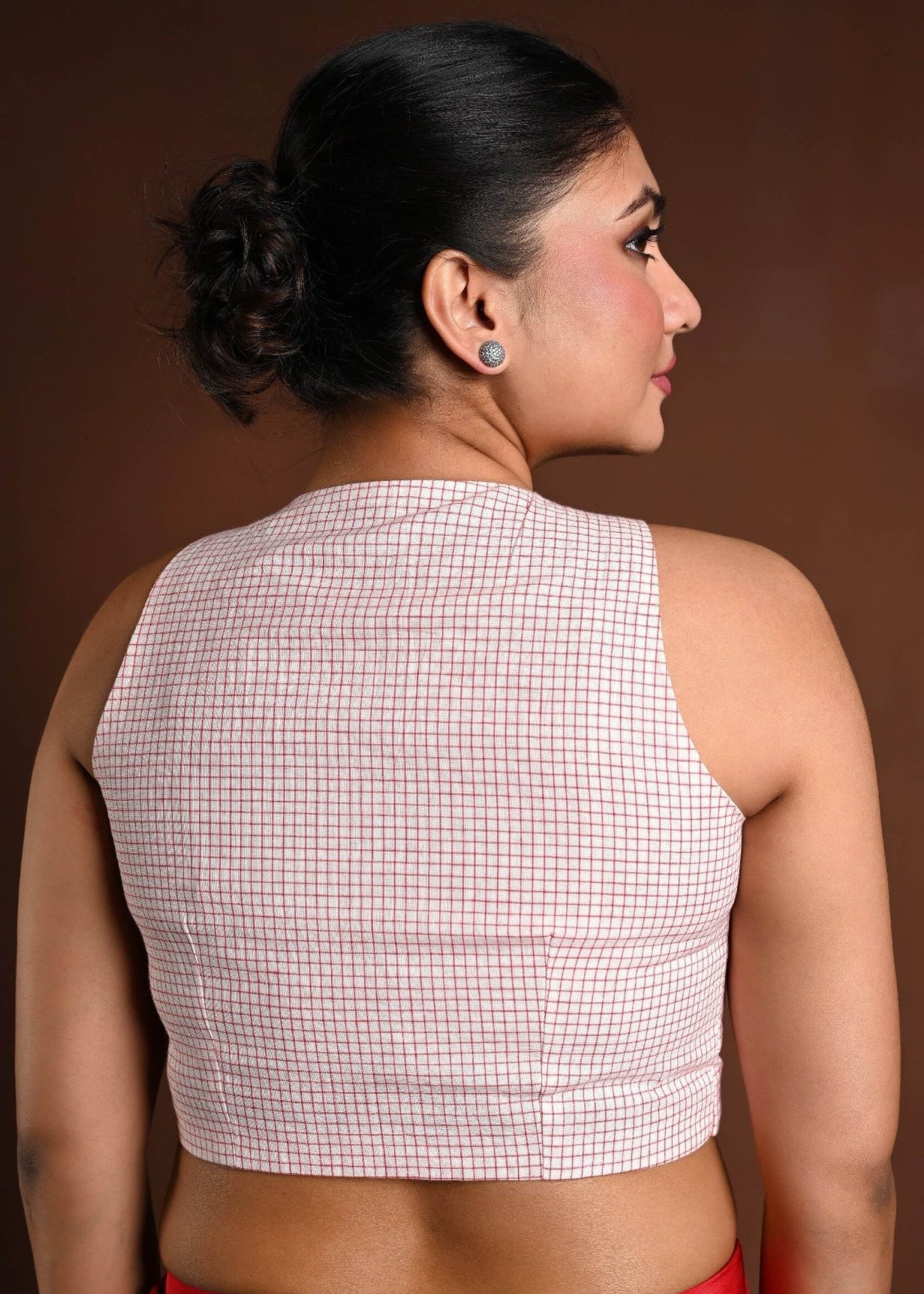 Red and White Cotton Sleeveless Blouse with Closed Neckline - Anvi Couture