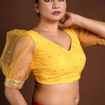 Yellow Puff Sleeve Blouse with Embroidery Work - Anvi Couture