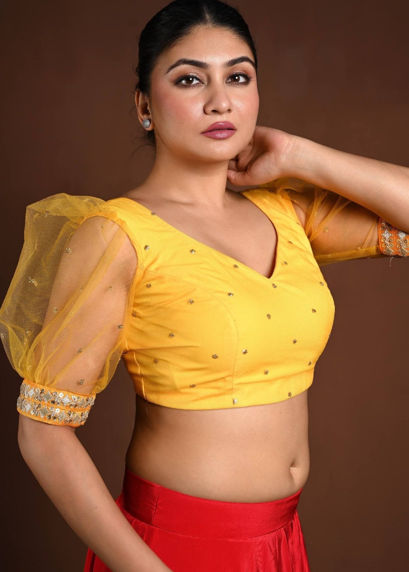 Yellow Puff Sleeve Blouse with Embroidery Work - Anvi Couture