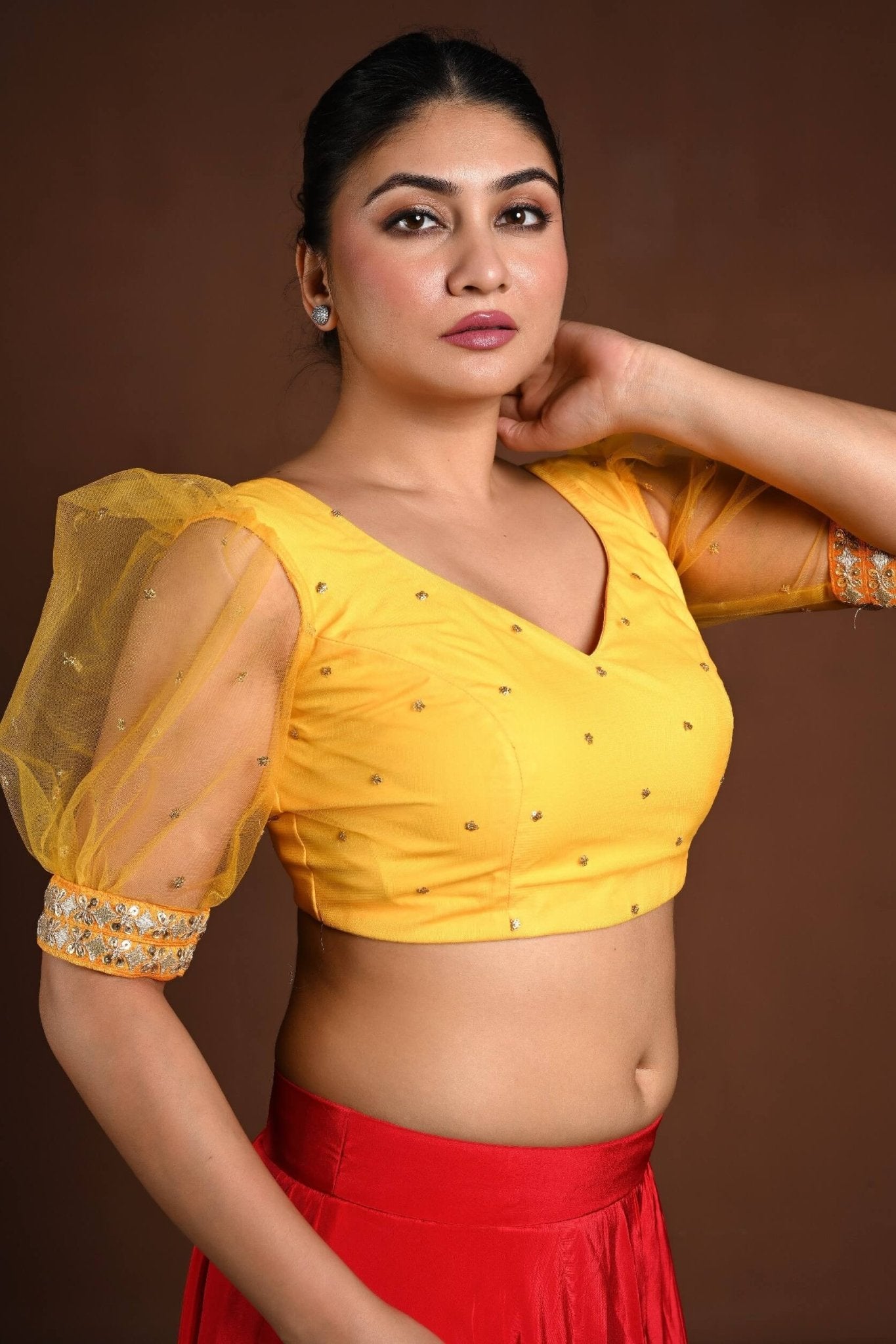 Yellow Puff Sleeve Blouse with Embroidery Work - Anvi Couture