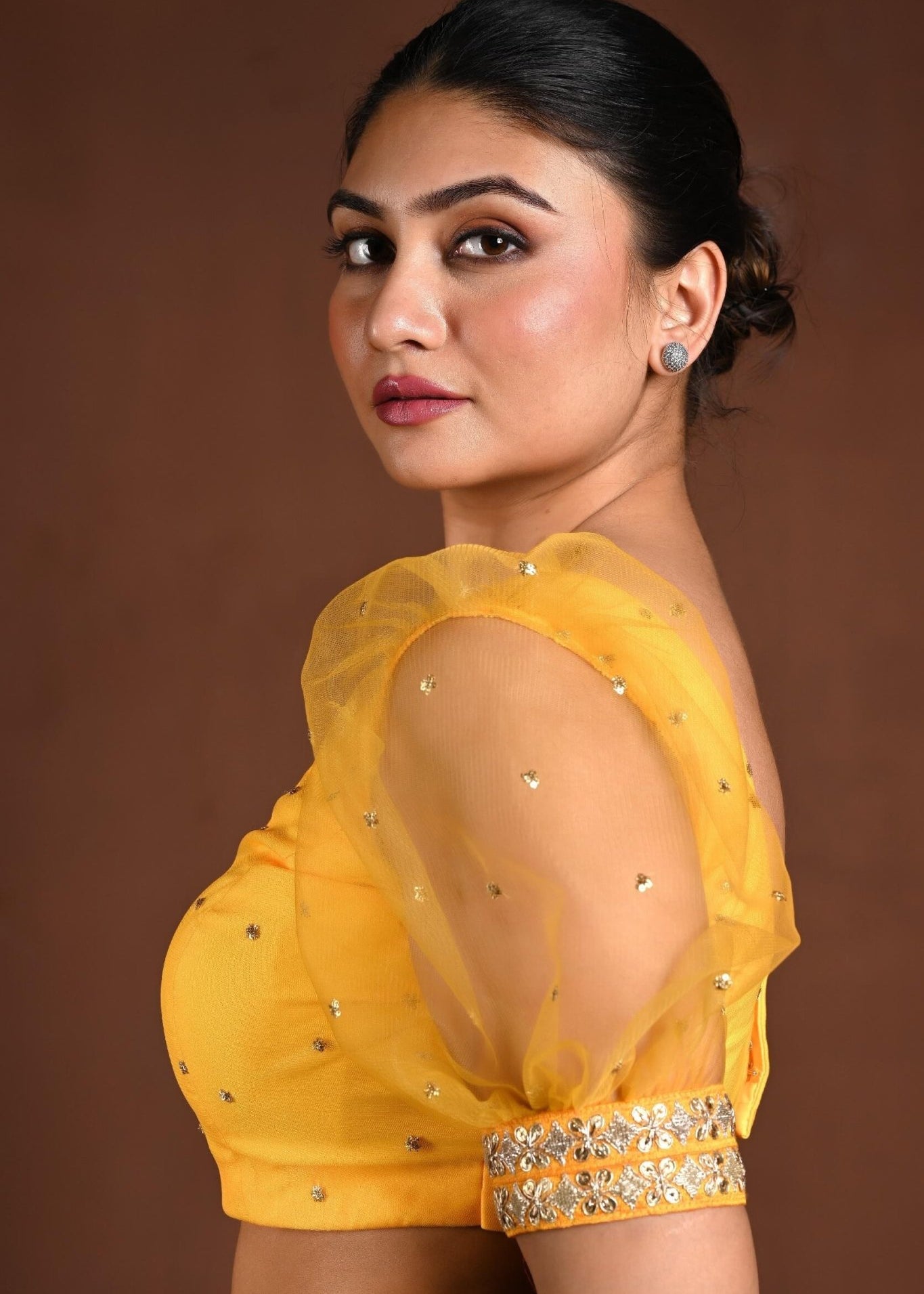 Yellow Puff Sleeve Blouse with Embroidery Work - Anvi Couture
