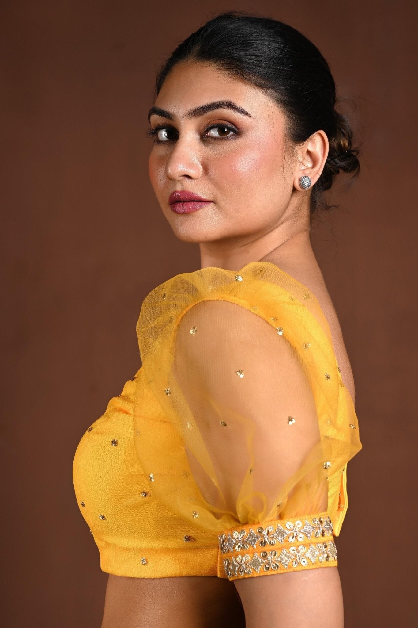 Yellow Puff Sleeve Blouse with Embroidery Work - Anvi Couture
