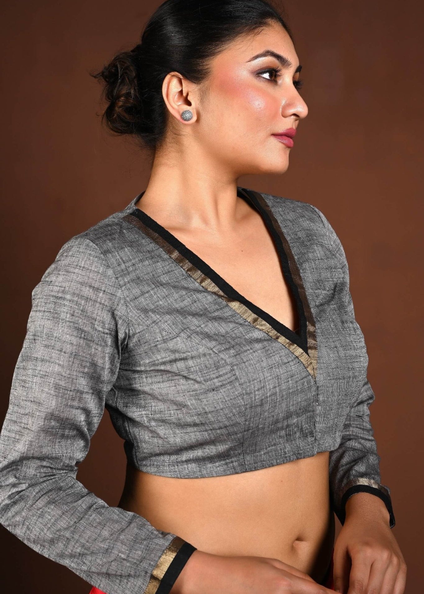 Gray Full Sleeve V - Neck Blouse with Front Closure - Anvi Couture
