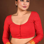 Red Full Sleeve Blouse with Deep U Neck and Front Closure - Anvi Couture