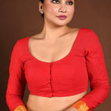 Red Full Sleeve Blouse with Deep U Neck and Front Closure - Anvi Couture