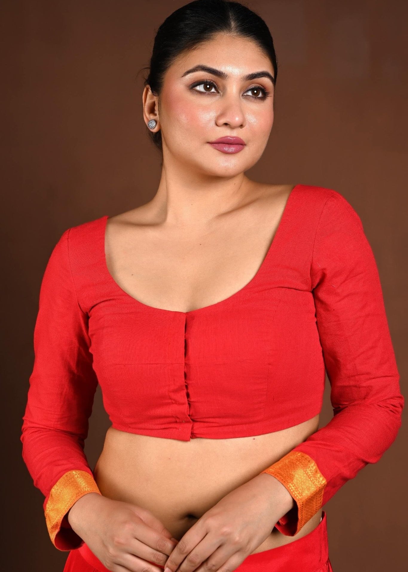 Red Full Sleeve Blouse with Deep U Neck and Front Closure - Anvi Couture
