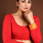 Red Full Sleeve Blouse with Deep U Neck and Front Closure - Anvi Couture
