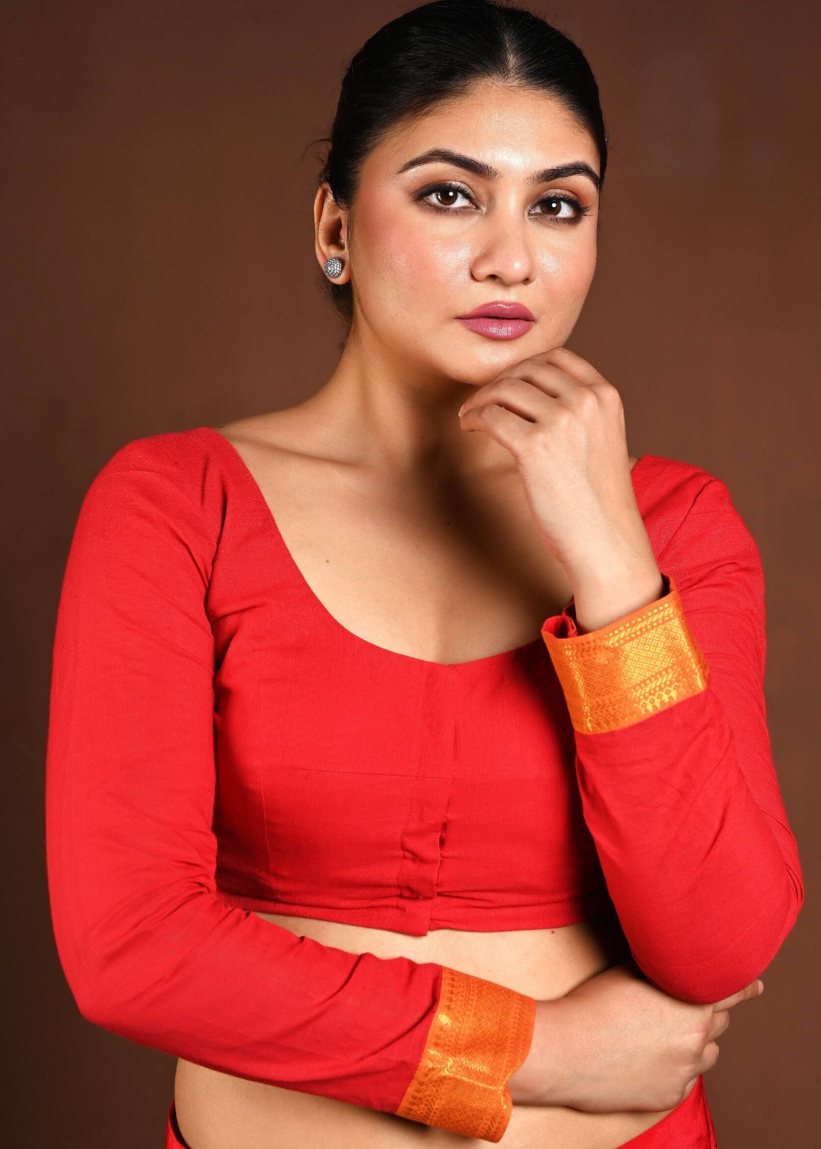 Red Full Sleeve Blouse with Deep U Neck and Front Closure - Anvi Couture
