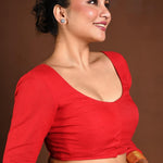 Red Full Sleeve Blouse with Deep U Neck and Front Closure - Anvi Couture