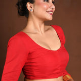 Red Full Sleeve Blouse with Deep U Neck and Front Closure - Anvi Couture