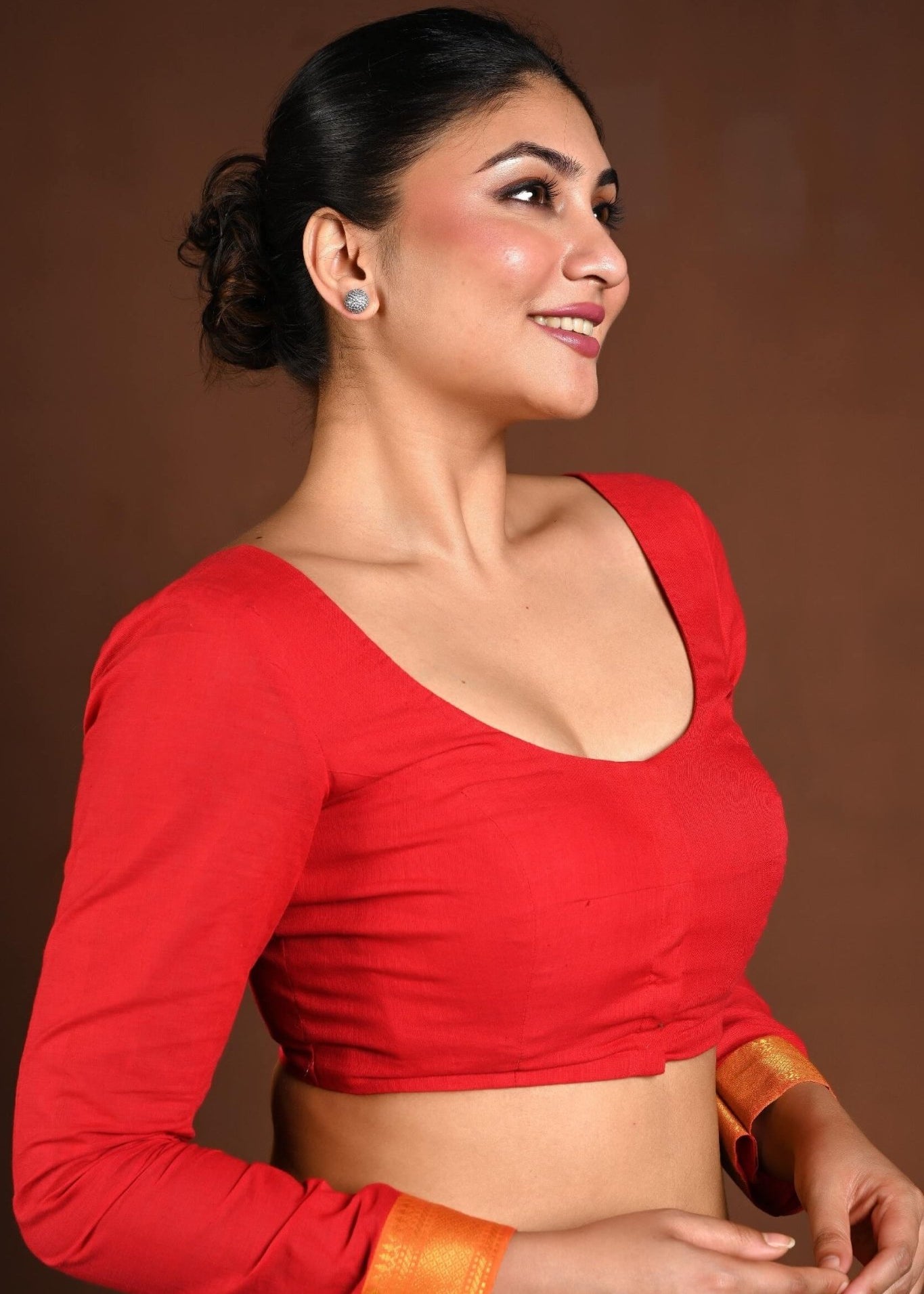 Red Full Sleeve Blouse with Deep U Neck and Front Closure - Anvi Couture