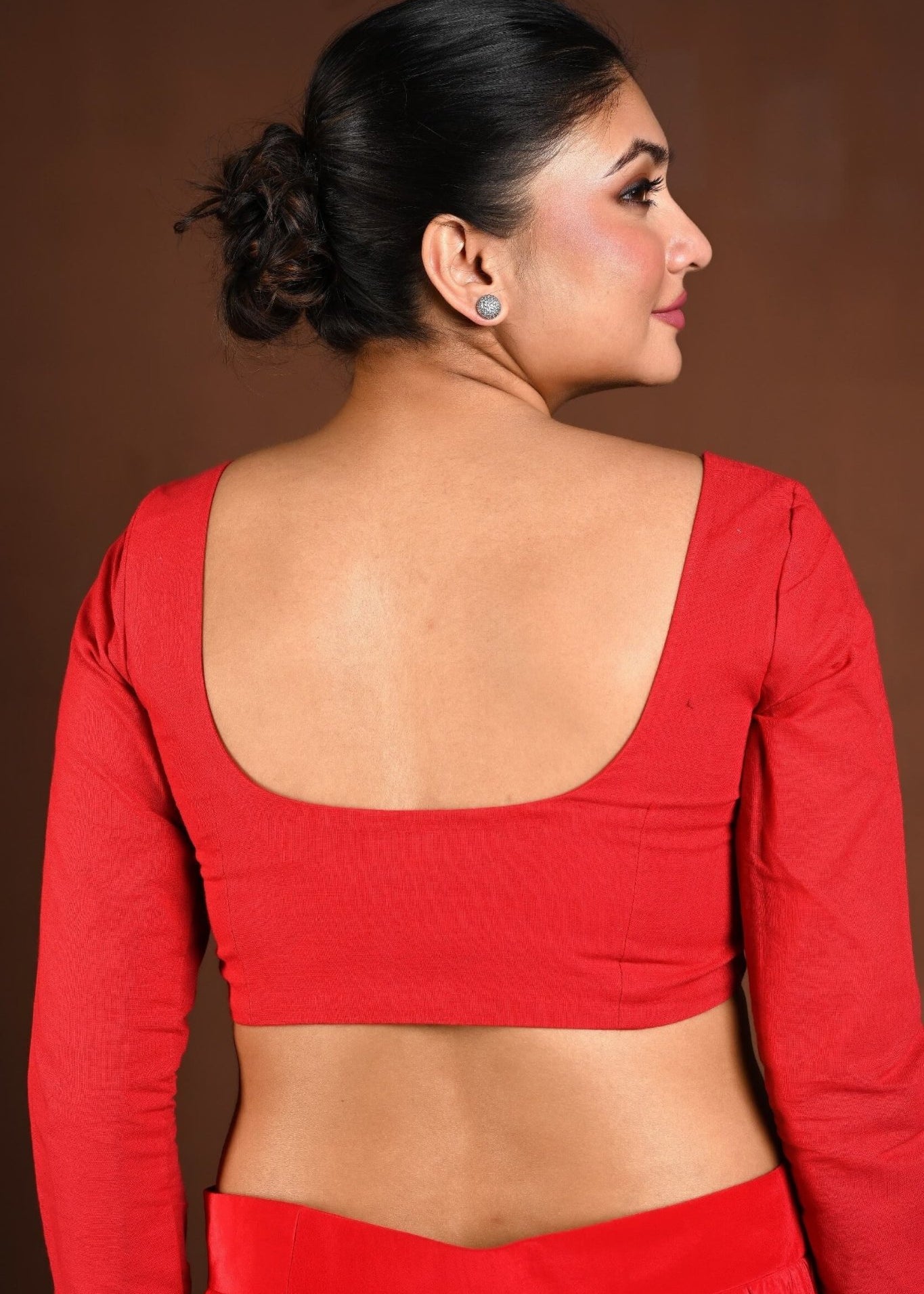 Red Full Sleeve Blouse with Deep U Neck and Front Closure - Anvi Couture