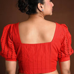 Red Hakoba Blouse with Puff Sleeves and Back Closure - Anvi Couture