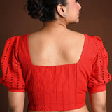 Red Hakoba Blouse with Puff Sleeves and Back Closure - Anvi Couture