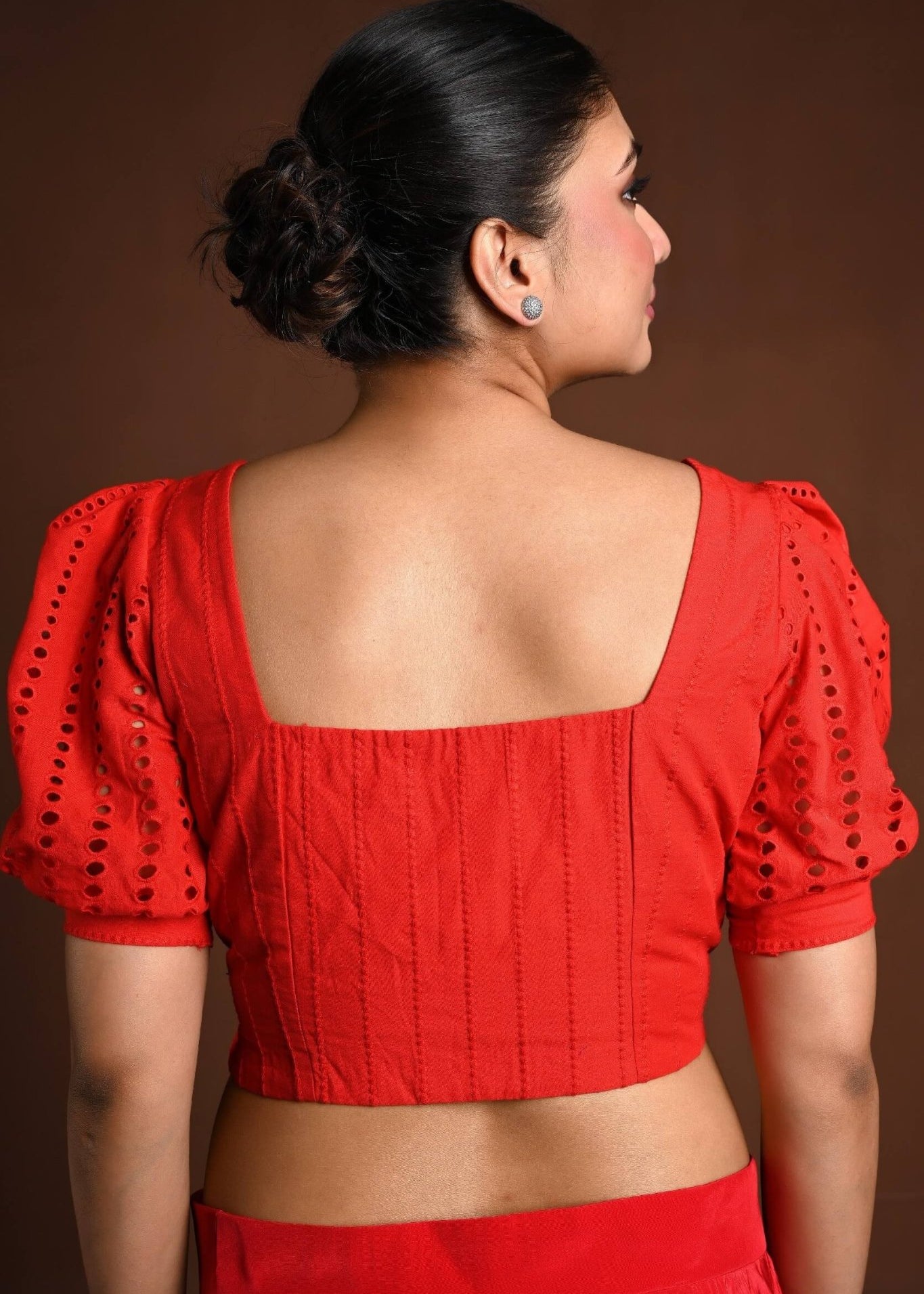 Red Hakoba Blouse with Puff Sleeves and Back Closure - Anvi Couture
