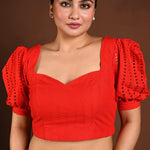 Red Hakoba Blouse with Puff Sleeves and Back Closure - Anvi Couture
