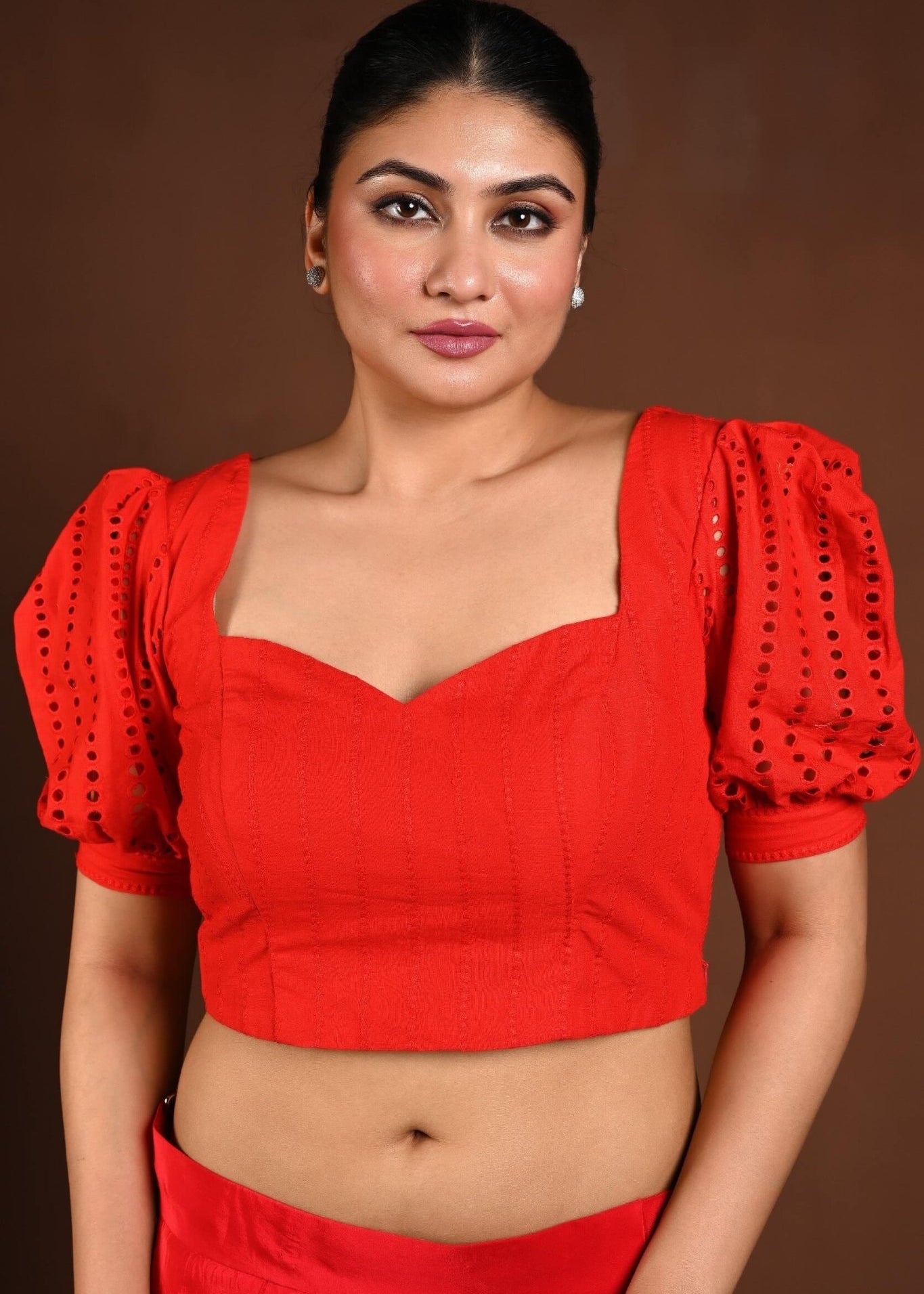 Red Hakoba Blouse with Puff Sleeves and Back Closure - Anvi Couture