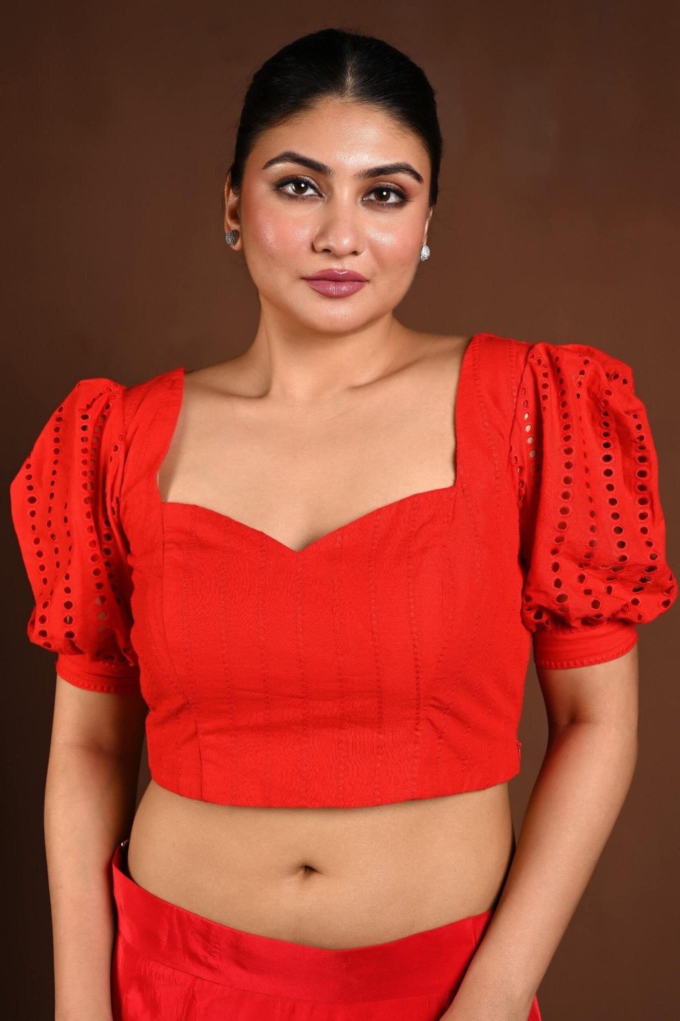 Red Hakoba Blouse with Puff Sleeves and Back Closure - Anvi Couture