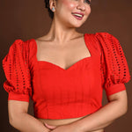 Red Hakoba Blouse with Puff Sleeves and Back Closure - Anvi Couture
