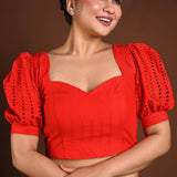Red Hakoba Blouse with Puff Sleeves and Back Closure - Anvi Couture