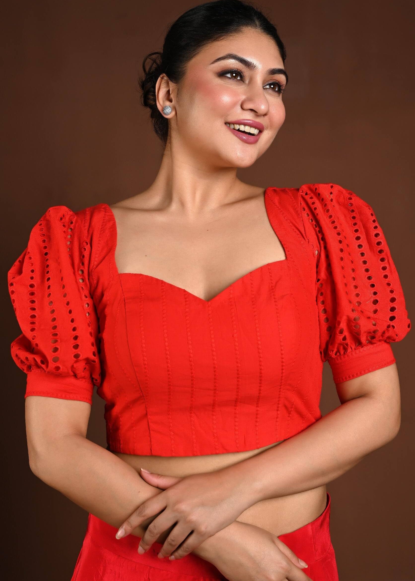 Red Hakoba Blouse with Puff Sleeves and Back Closure - Anvi Couture