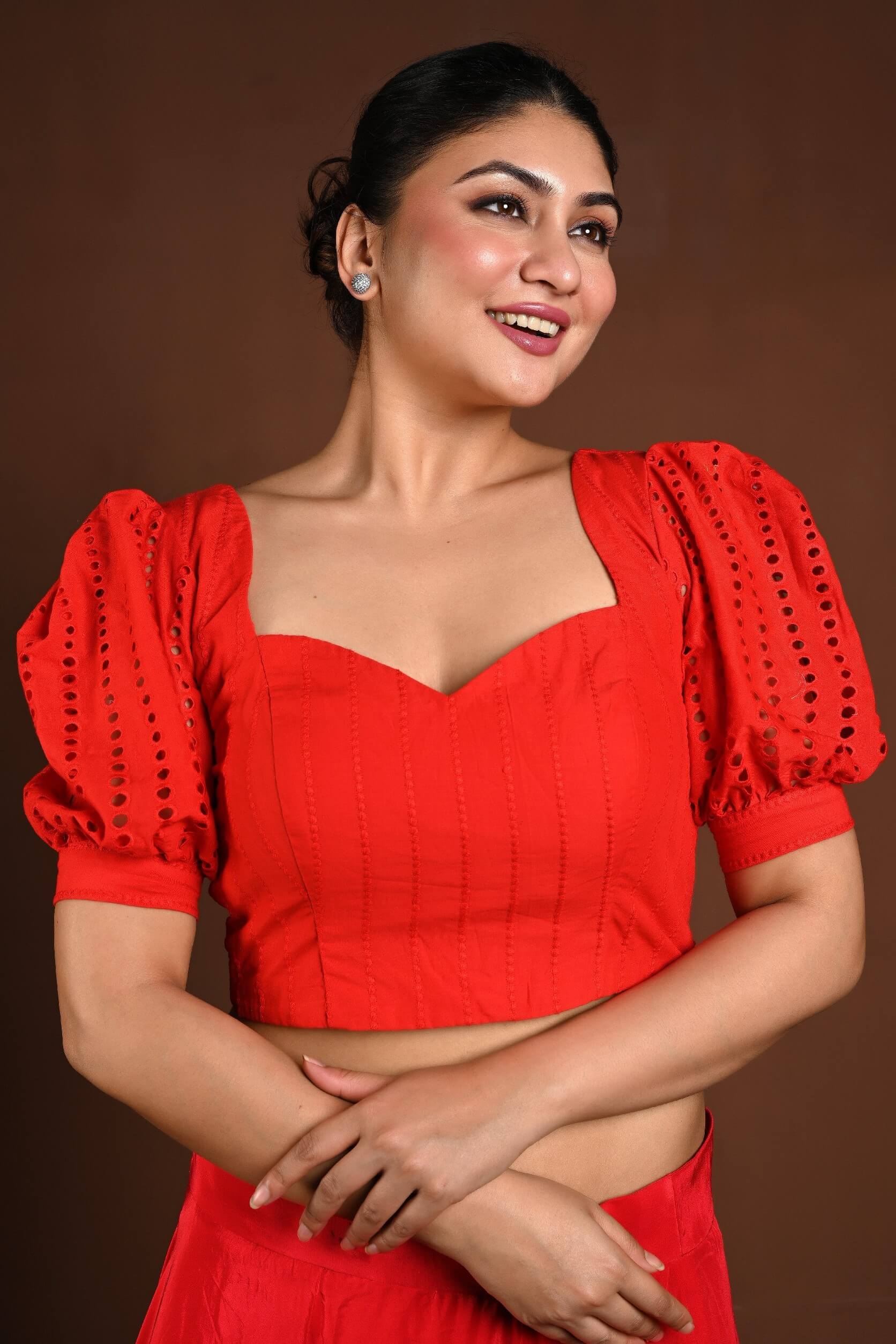 Red Hakoba Blouse with Puff Sleeves and Back Closure - Anvi Couture