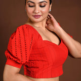 Red Hakoba Blouse with Puff Sleeves and Back Closure - Anvi Couture
