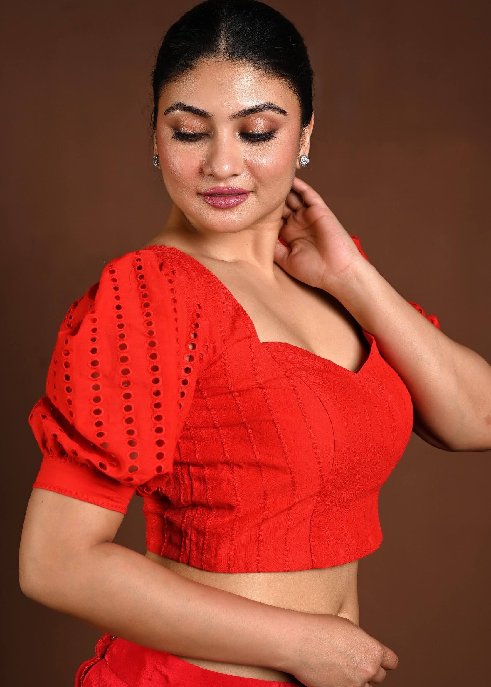 Red Hakoba Blouse with Puff Sleeves and Back Closure - Anvi Couture