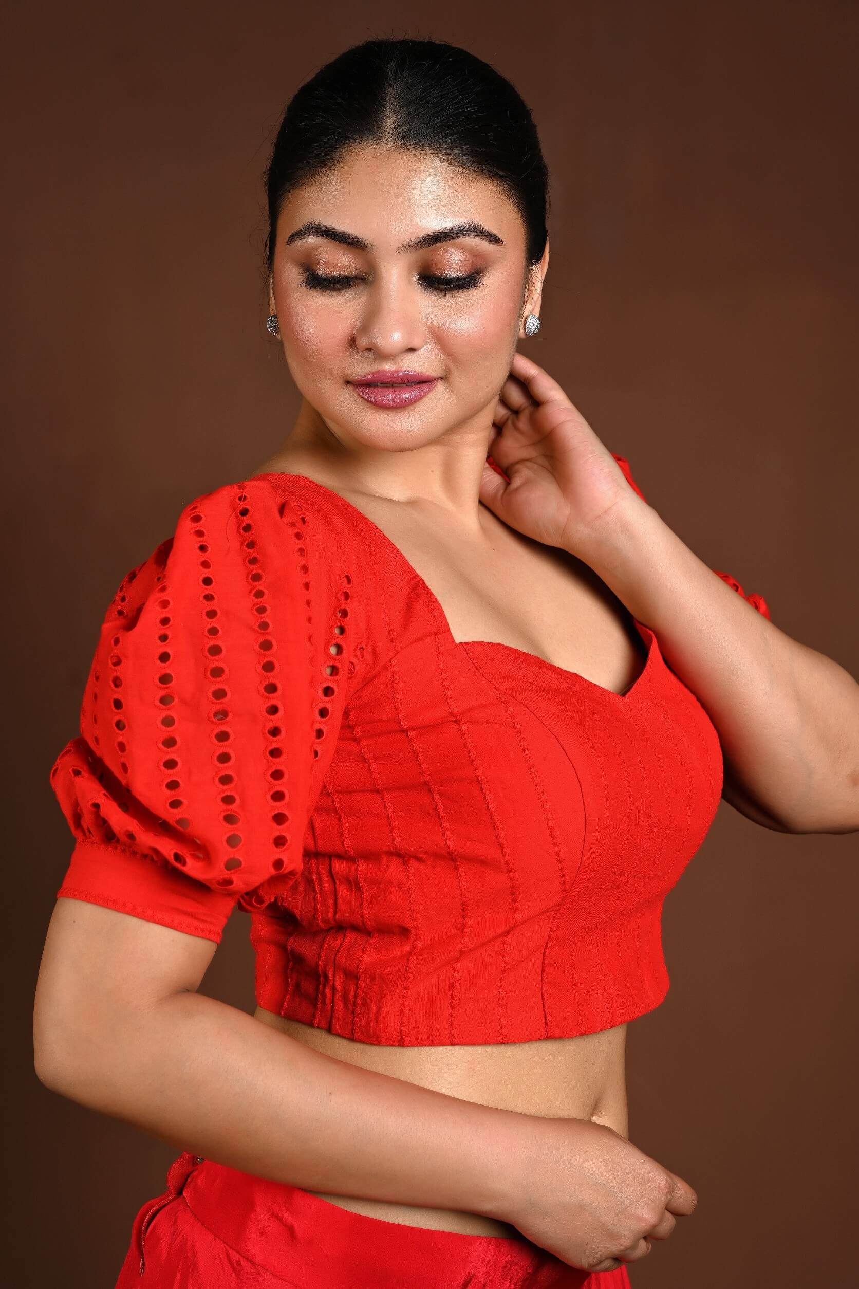 Red Hakoba Blouse with Puff Sleeves and Back Closure - Anvi Couture