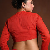 Red Cotton Full Sleeve Blouse with V - Neckline - Anvi Couture