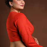 Red Cotton Full Sleeve Blouse with V - Neckline - Anvi Couture