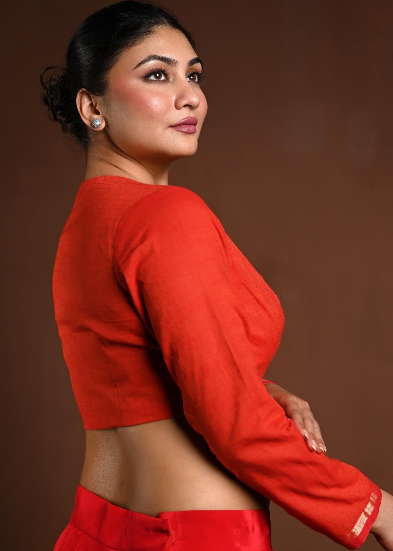 Red Cotton Full Sleeve Blouse with V - Neckline - Anvi Couture