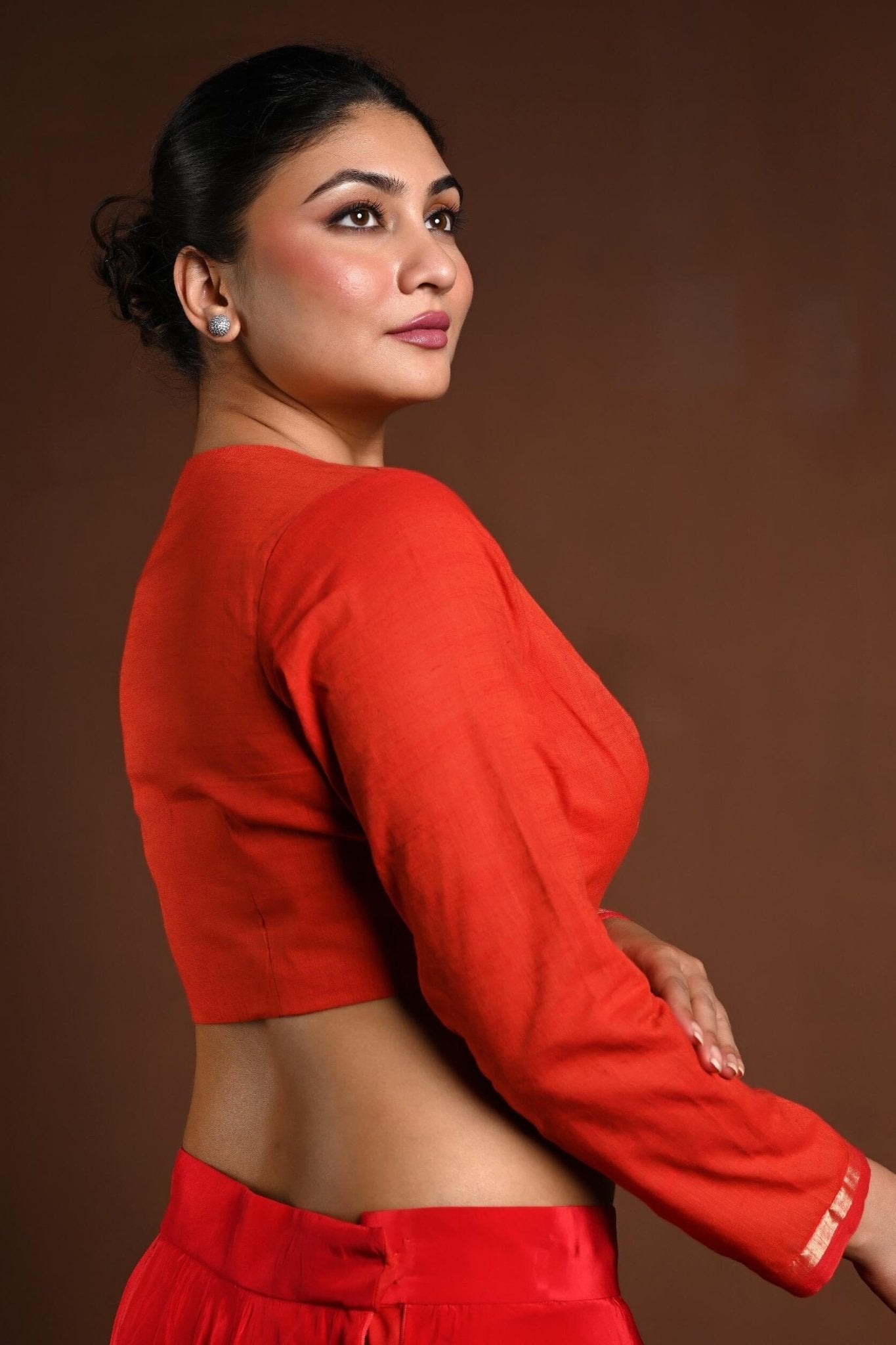 Red Cotton Full Sleeve Blouse with V - Neckline - Anvi Couture