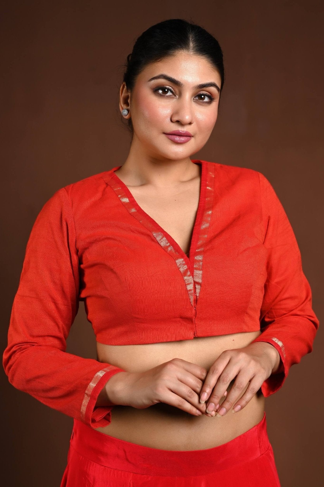 Red Cotton Full Sleeve Blouse with V - Neckline - Anvi Couture