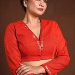 Red Cotton Full Sleeve Blouse with V - Neckline - Anvi Couture