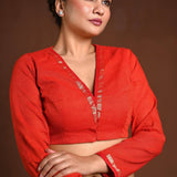 Red Cotton Full Sleeve Blouse with V - Neckline - Anvi Couture