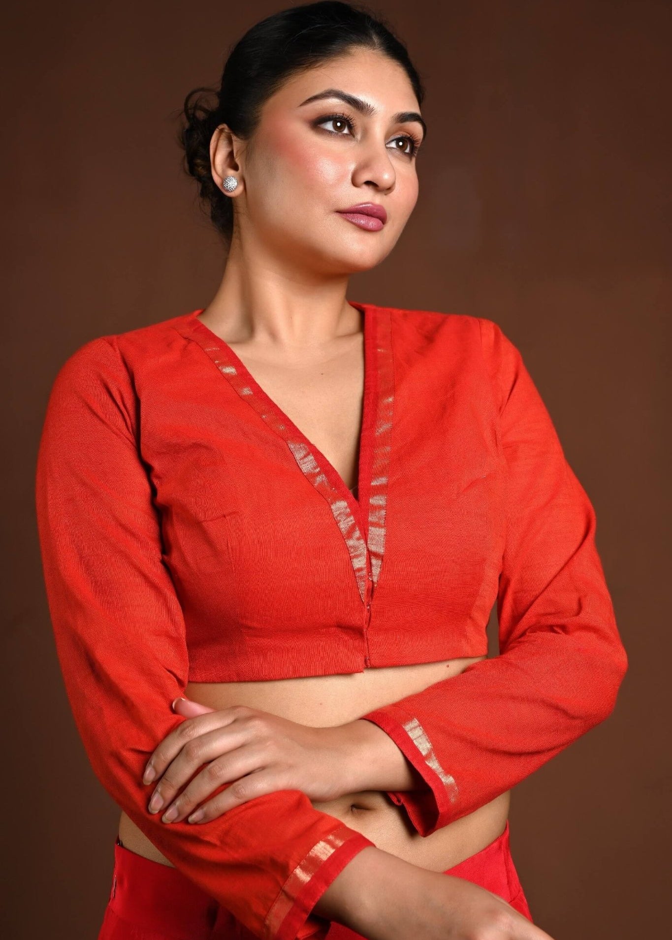 Red Cotton Full Sleeve Blouse with V - Neckline - Anvi Couture