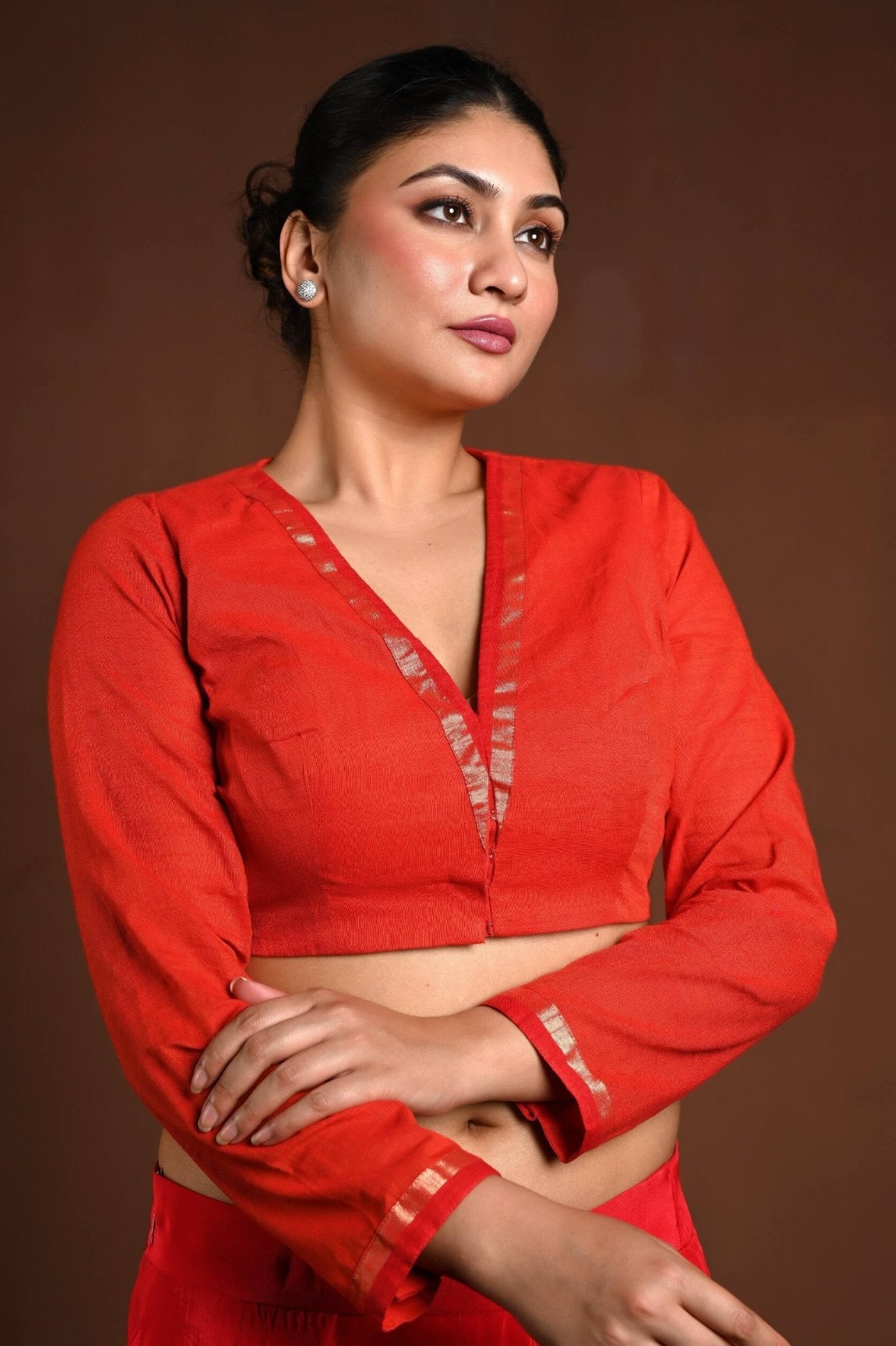 Red Cotton Full Sleeve Blouse with V - Neckline - Anvi Couture