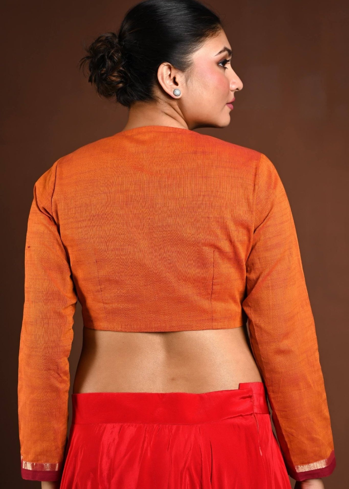 Orange Full Sleeves Cotton Blouse with V - Neckline and Front Closure - Anvi Couture