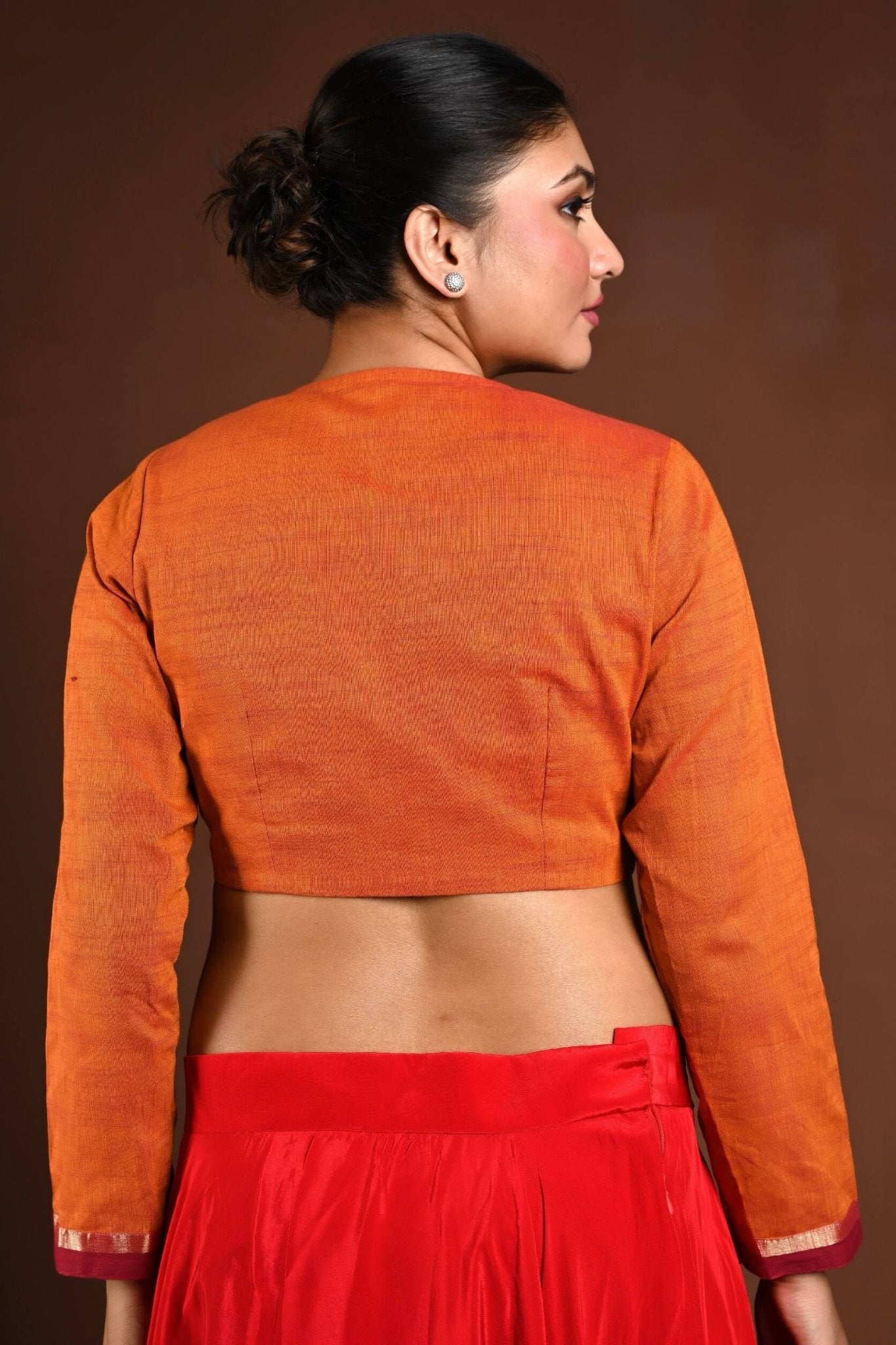 Orange Full Sleeves Cotton Blouse with V - Neckline and Front Closure - Anvi Couture