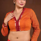 Orange Full Sleeves Cotton Blouse with V - Neckline and Front Closure - Anvi Couture