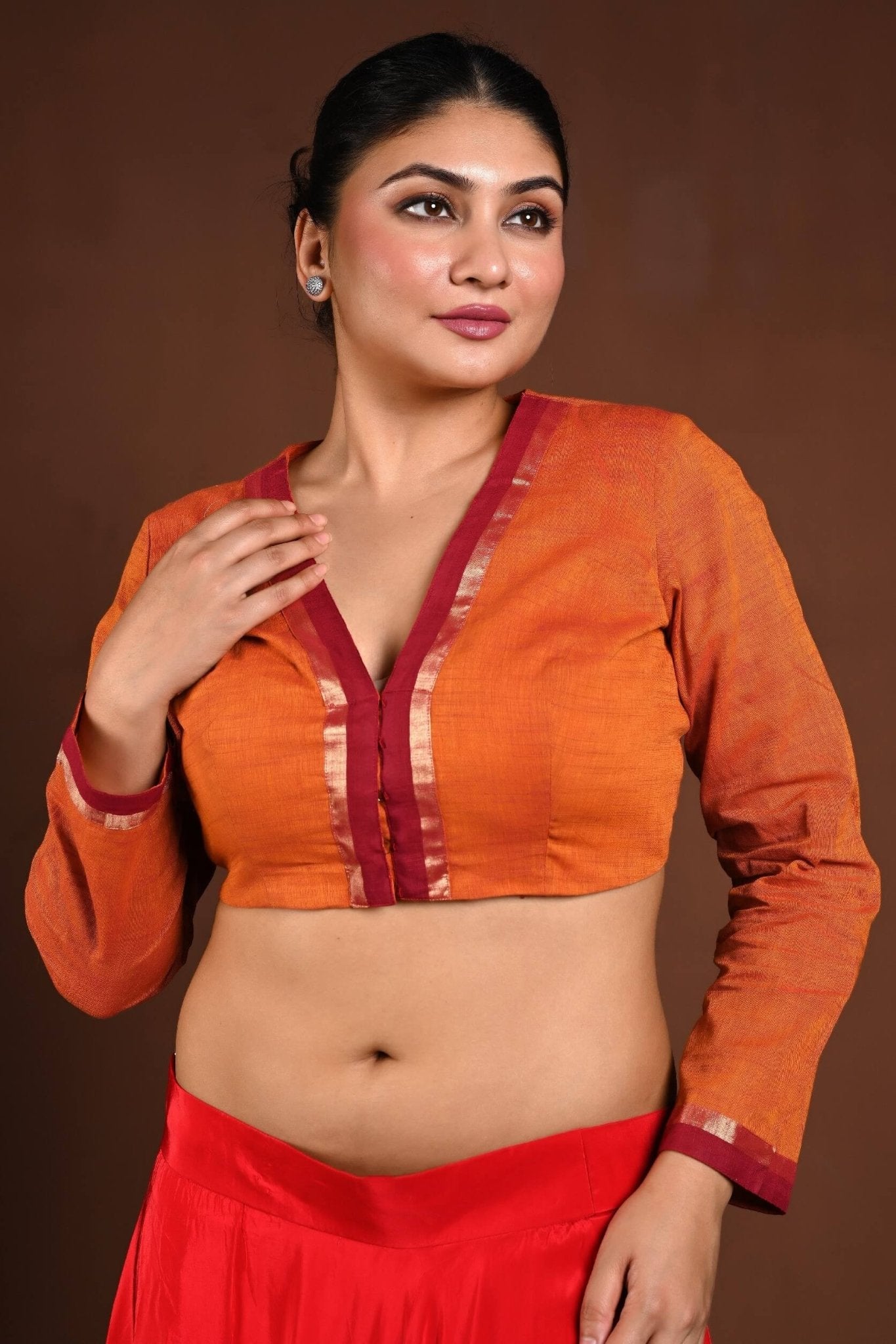 Orange Full Sleeves Cotton Blouse with V - Neckline and Front Closure - Anvi Couture