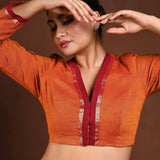Orange Full Sleeves Cotton Blouse with V - Neckline and Front Closure - Anvi Couture