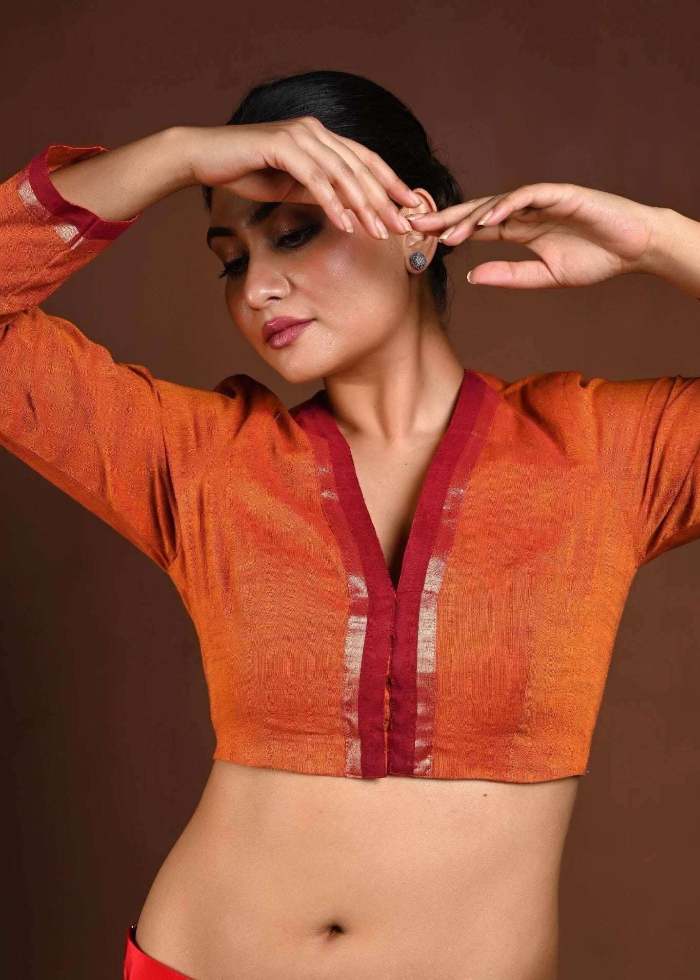 Orange Full Sleeves Cotton Blouse with V - Neckline and Front Closure - Anvi Couture