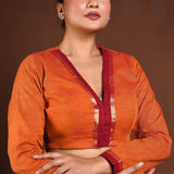 Orange Full Sleeves Cotton Blouse with V - Neckline and Front Closure - Anvi Couture