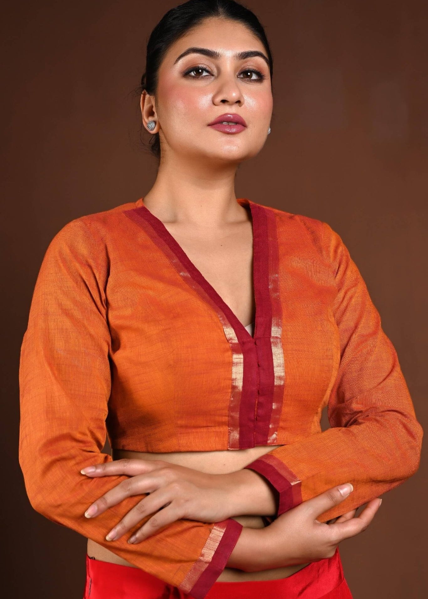 Orange Full Sleeves Cotton Blouse with V - Neckline and Front Closure - Anvi Couture