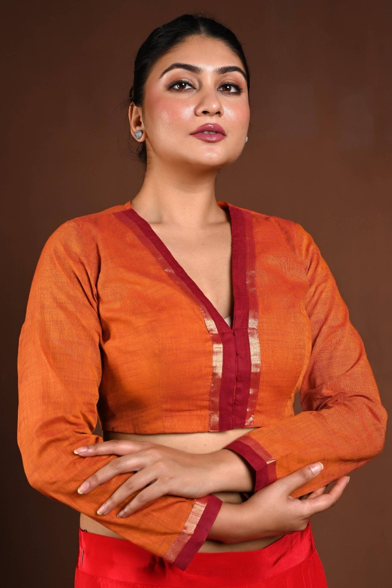 Orange Full Sleeves Cotton Blouse with V - Neckline and Front Closure - Anvi Couture
