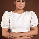 White Puff Sleeve Blouse in Raw Silk - Anvi Couture